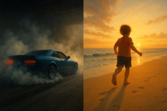The Blue Car Print - An illustration featuring a boy walking on the beach! and the old imagery of the spinning their wheels"