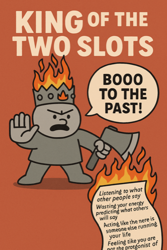 The King of the Two Slots - A cartoonish illustration featuring a crowned character with flames, holding an axe and saying "BOOO TO THE PAST!"