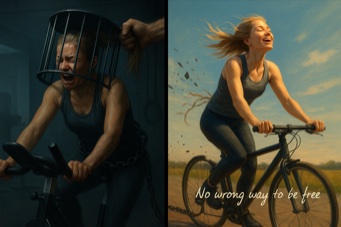 No Wrong Way to be Free - An illustration featuring a contrast between a person living in a caged motion and BEING free!"
