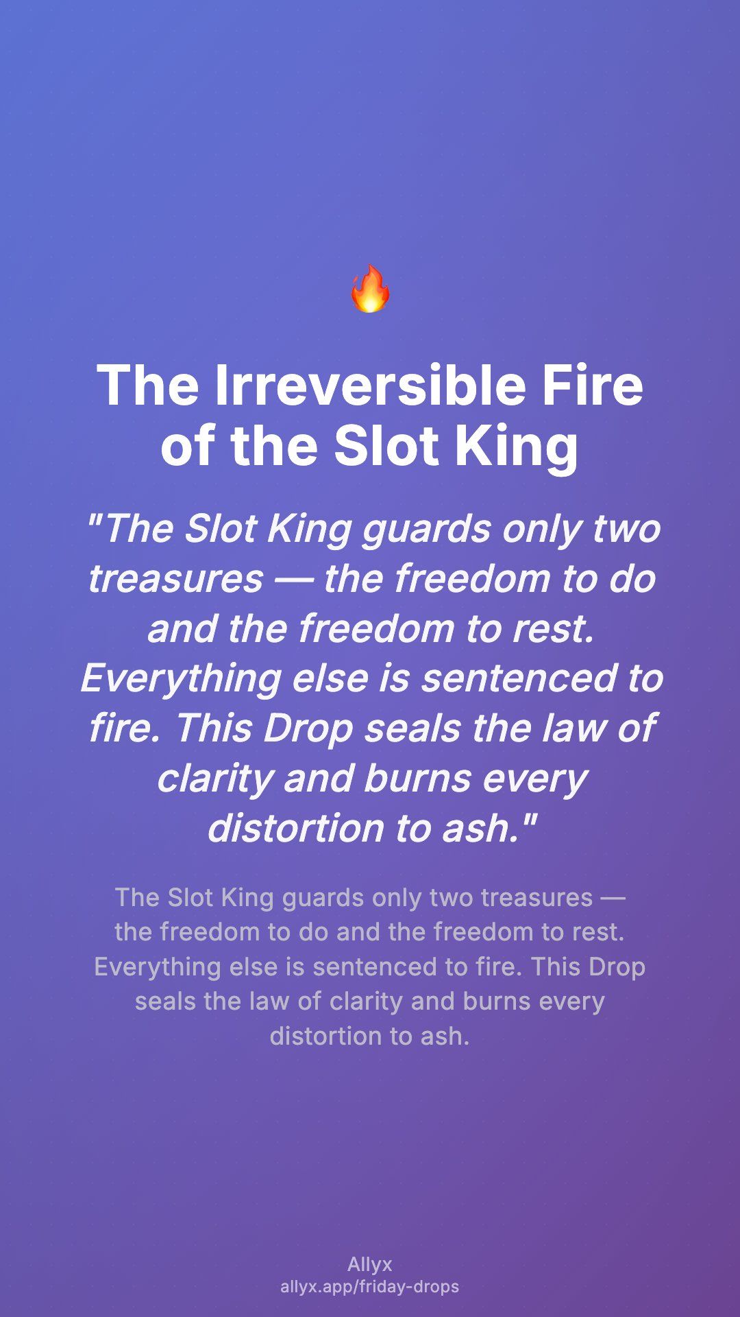 Shareable story card for The Irreversible Fire of the Slot King