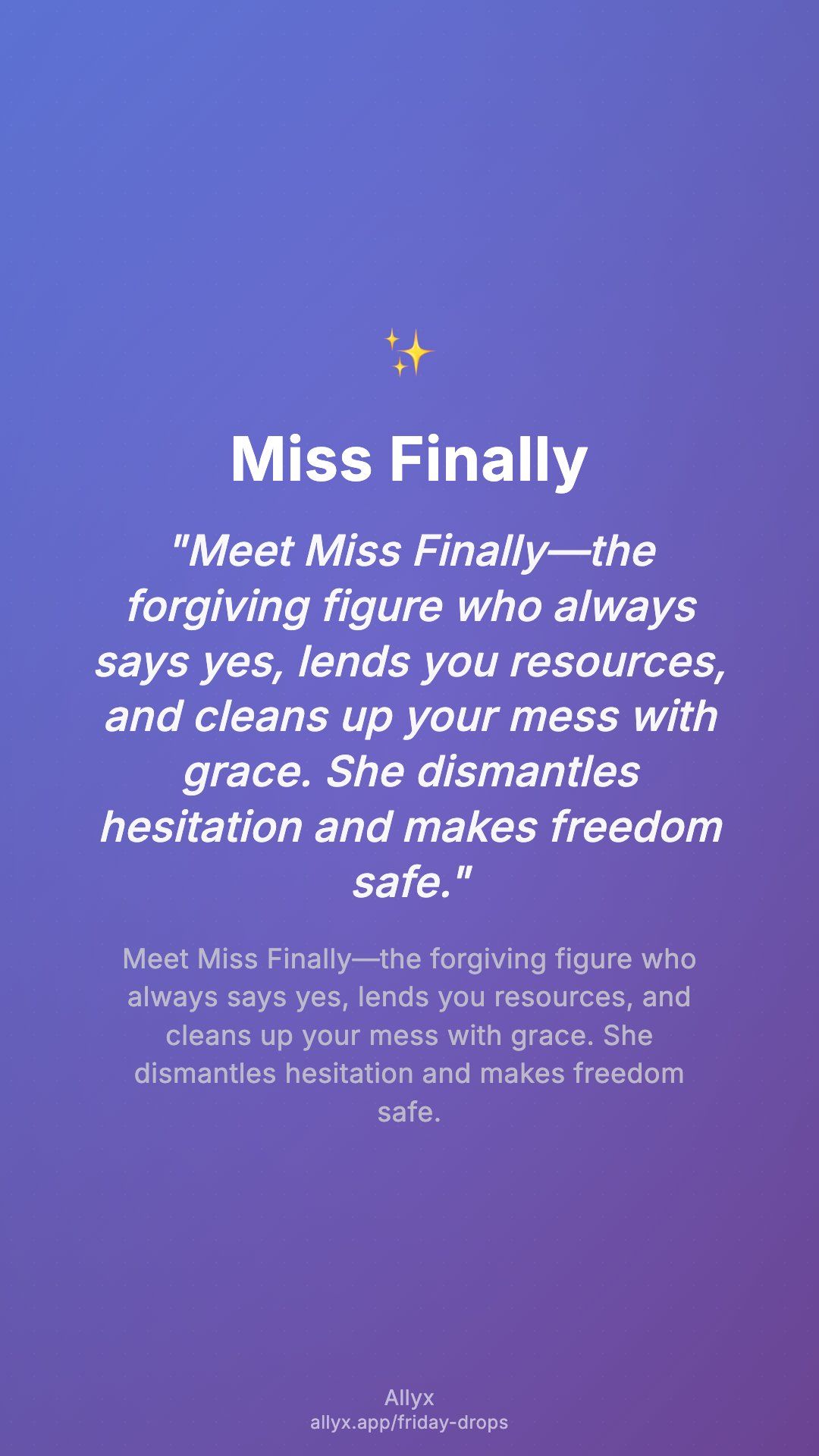 Shareable story card for Miss Finally