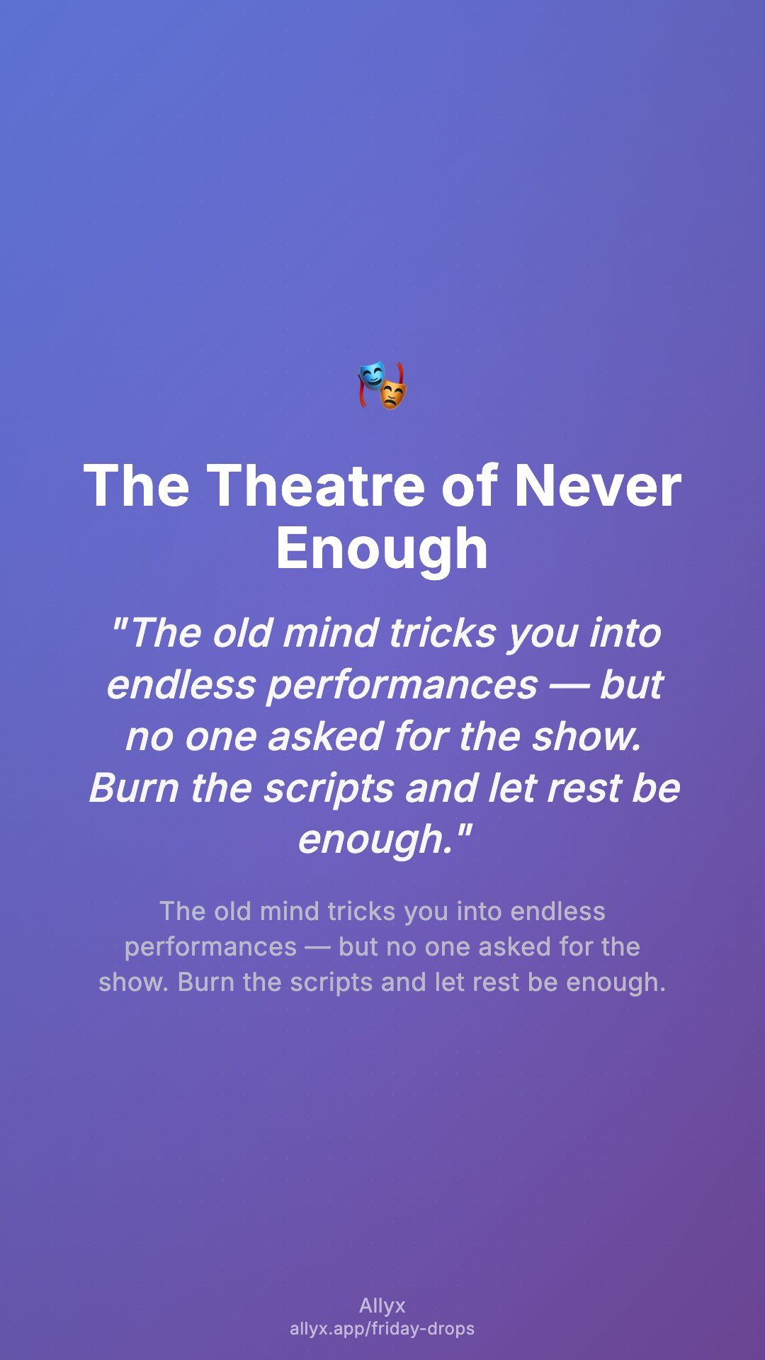 Shareable story card for The Theatre of Never Enough